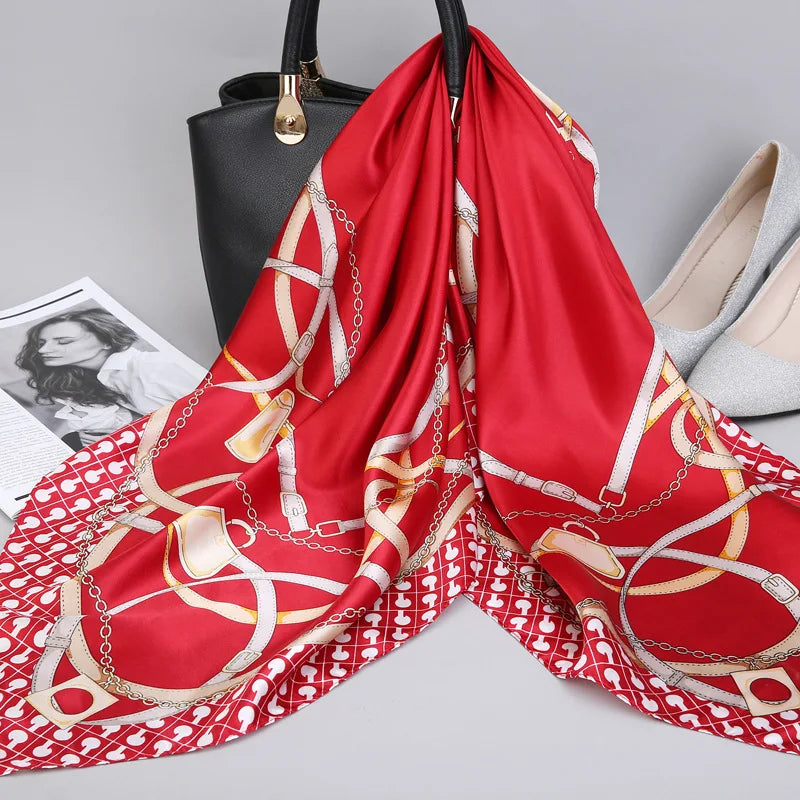 Fashion Kerchief Silk Satin Neck Scarf for Women Print Hijab Scarfs Female 90*90cm Square Shawls and Wraps Scarves for Lady