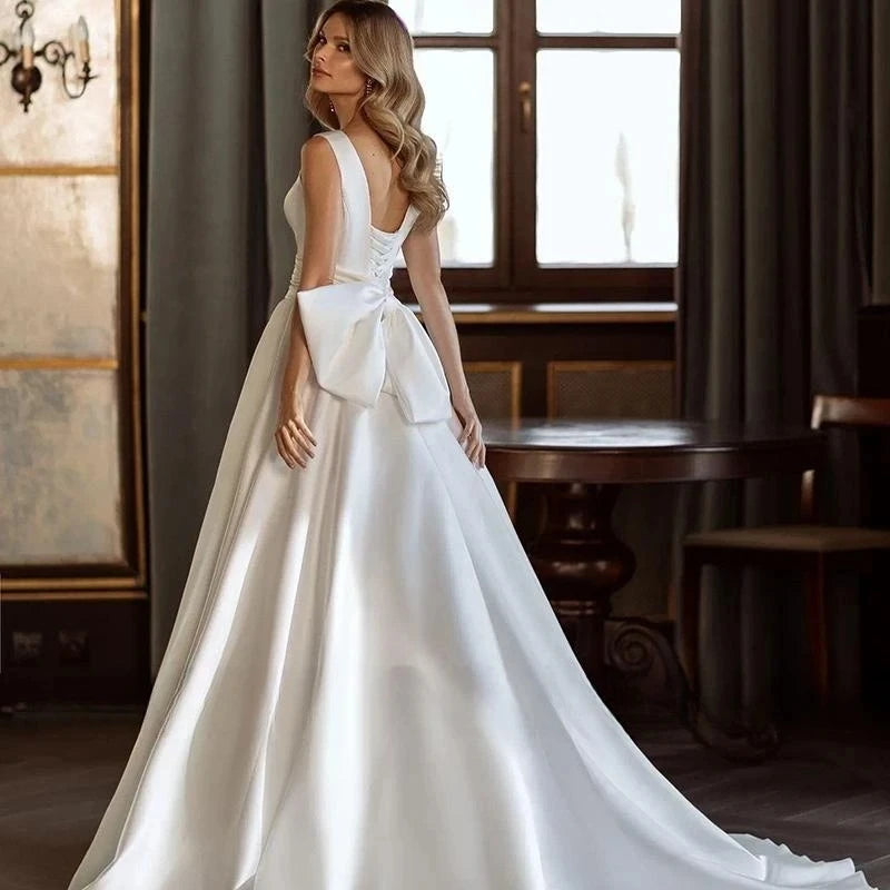 Modern Fashion Wedding Dresses Lustrous Satin Bridal Gowns Bow Decorate Simple Robe V-Neck Backless Vestidos De Novia Customized - My Store