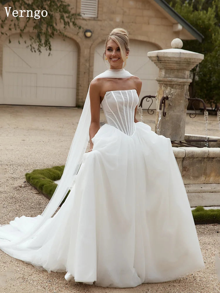 Verngo Lvory Tulle Wedding Dresses Strapless a Line Long Women Bridal Gowns Bown Maxi Bride Dresses Customized - My Store