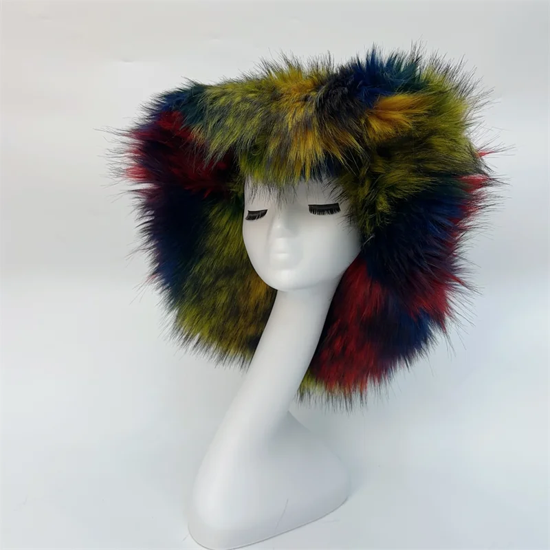 Winter Warm Plush Bucket Hat Women Oversize Earflaps Fluffy Faux Fur Hats Fashion Furry Raccoon Fur Cotton Hat Solid Color Hats