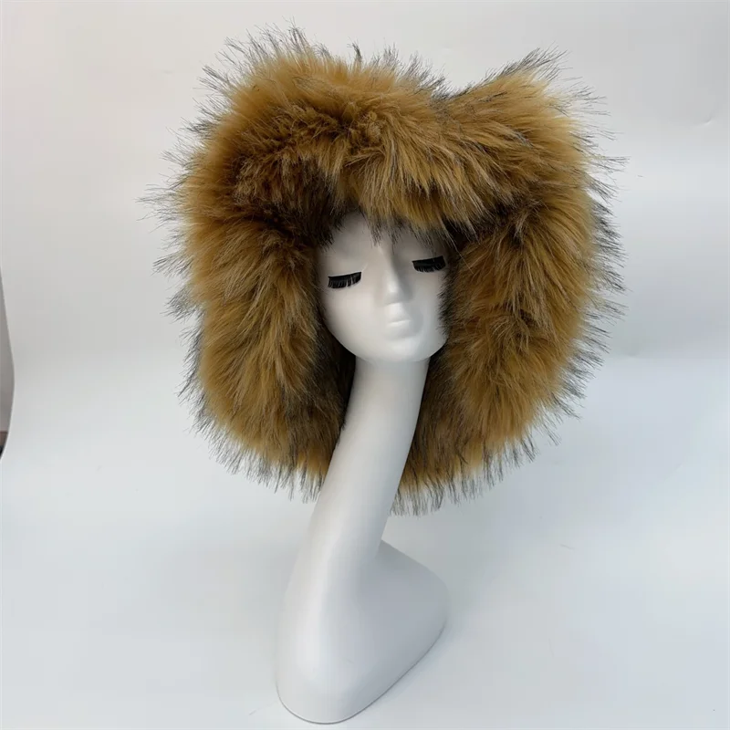 Winter Warm Plush Bucket Hat Women Oversize Earflaps Fluffy Faux Fur Hats Fashion Furry Raccoon Fur Cotton Hat Solid Color Hats