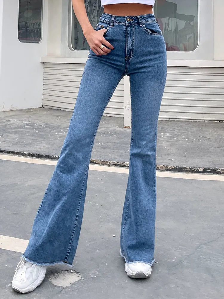 Benuynffy Button Fly Women's Raw Hem Flare Jeans Autumn Fashion Woman Denim Pants Jean Femme High Waist Full Length Slim Jeans