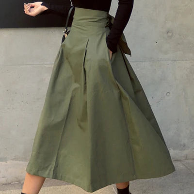 New Autumn Black Skirts Womens Korean Fashion Solid Color Big Swing Female Skirt Long Skirt Wild High Waist Bow Slim Skirts