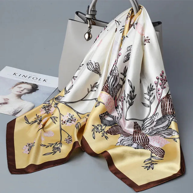 Fashion Kerchief Silk Satin Neck Scarf for Women Print Hijab Scarfs Female 90*90cm Square Shawls and Wraps Scarves for Lady