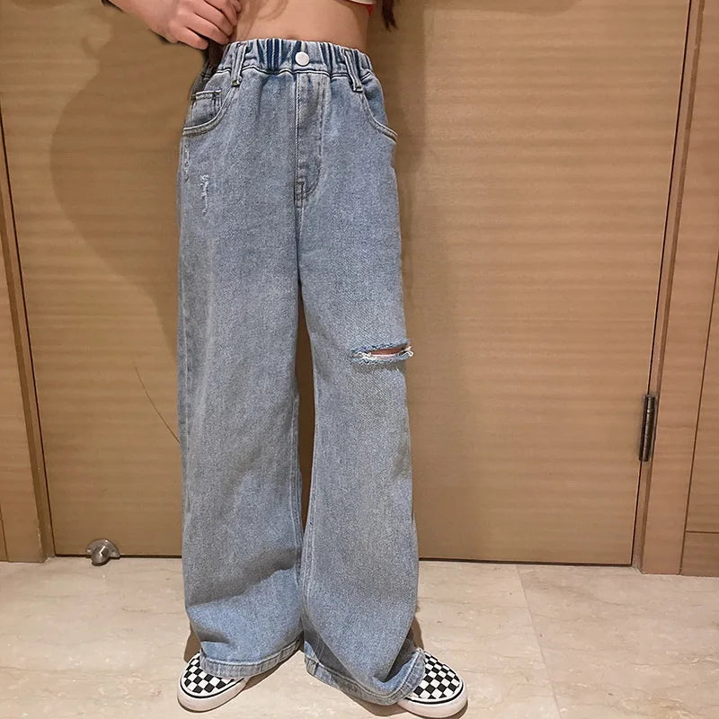 Jeans for Girls Kids Fashion Blue Wide Leg Pants 2025 Spring Autumn Children Korean Trousers Children's Clothing 6 8 10 12 14Yrs