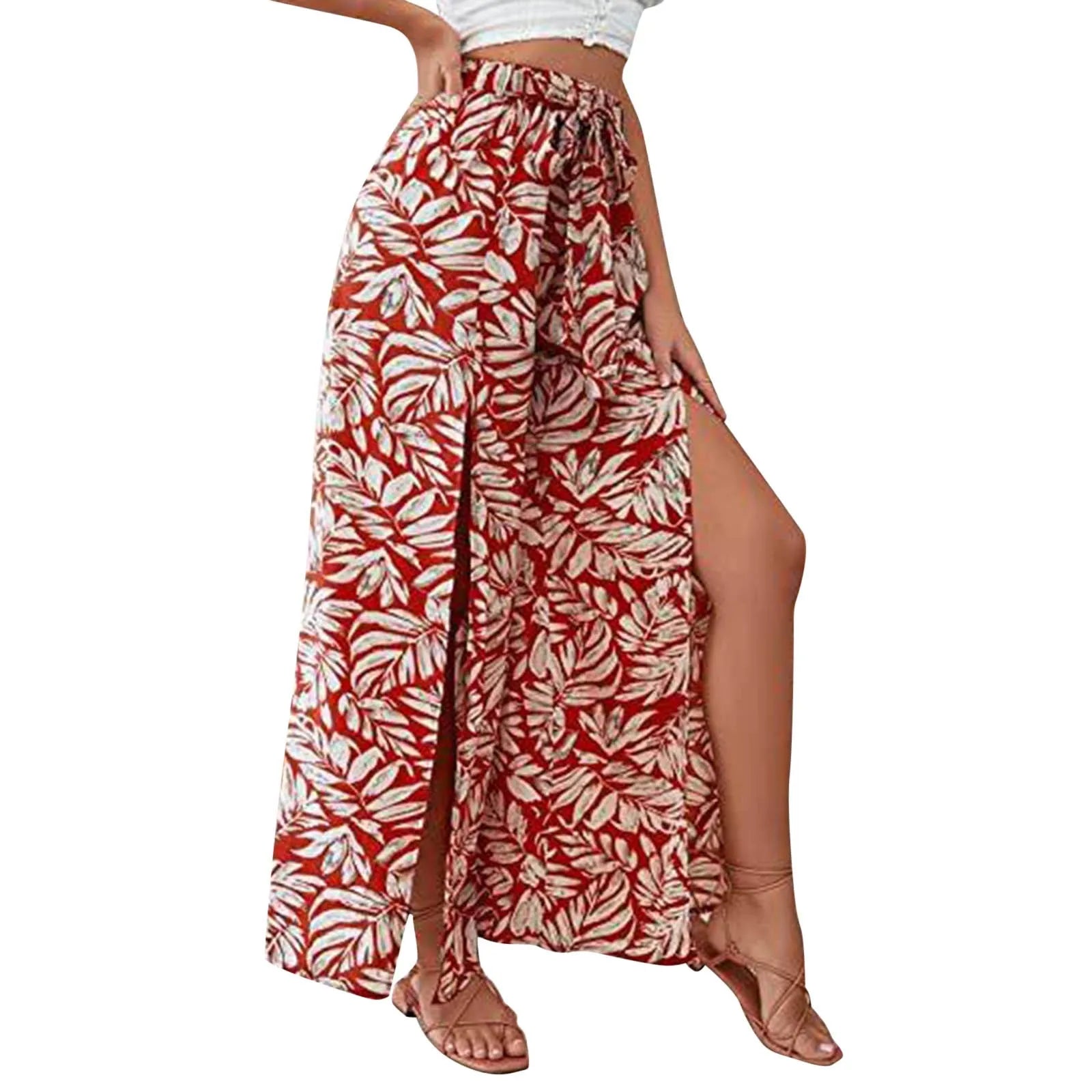 Women'S Clothing Leopard Print Vent Casual Tassel Lace Up Waist Wide Leg Pants Soft Comfort Trousers for Beach Summer Vacation