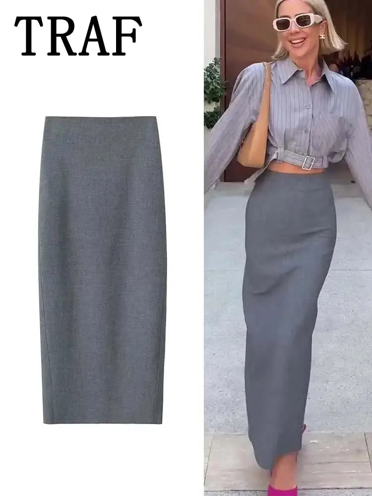 TRAF Office Skirt Women High Waist Long Skirts for Women Stylish Spring Autumn Straight Skirt Streetwear Back Slit Woman Skirts