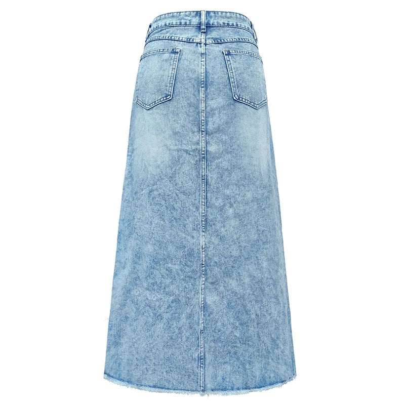 Boho Denim Skirts Mid Waist Overall High Street Washed Skirts Vintage Style Front Pockets Ripped Maxi Skirts Bleach Jean Skirt