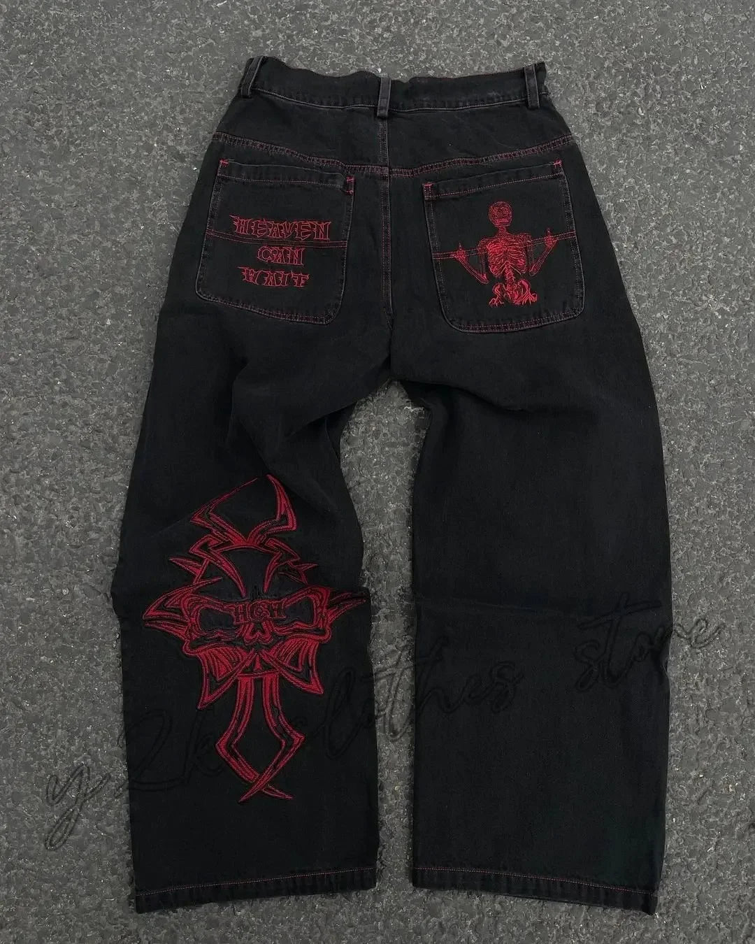 New Baggy Casual Wide Leg Jeans Men Street Retro Hip Hop Print Jeans Trend Fashion Black High-Waist Jean Y2k Men Clothing 2023