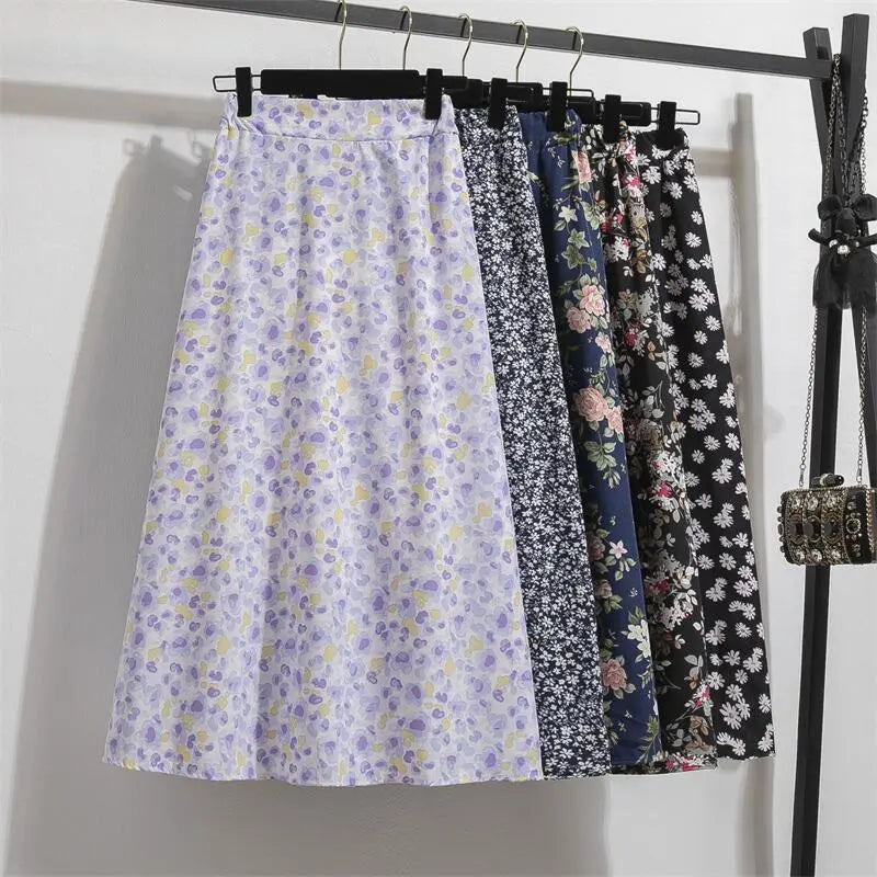 Spring Summer Chiffon Women Skirts Casual Floral Printed Woman Long Skirts Elastic Waist Female Loose Extended Skirt