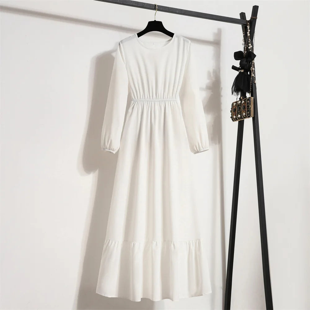 Women Long Dresses Spring Summer Full Sleeve O-Neck Casual Solid Chiffon Dress Muslim Dress Bohemian Maxi Dresses