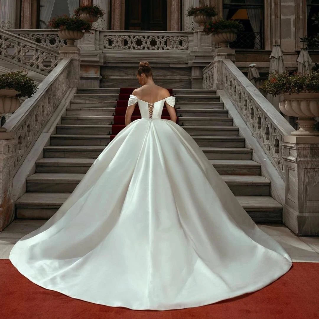 Flavinke Customized White Sweetheart Wedding Dresses 2025 Off Shoulder Sweep Train Bride Dress Lace Up Back Satin Wedding Gown - My Store