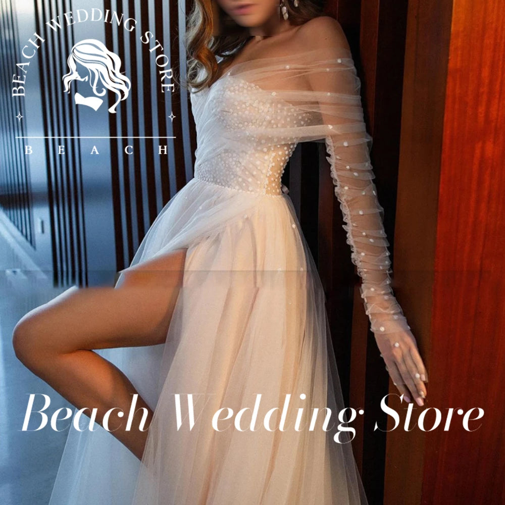 Beach Customized Champagne Wedding Dresses Sexy Side Split Dots Tulle Bride Dress Long Sleeve Off the Shoulder Wedding Gowns - My Store