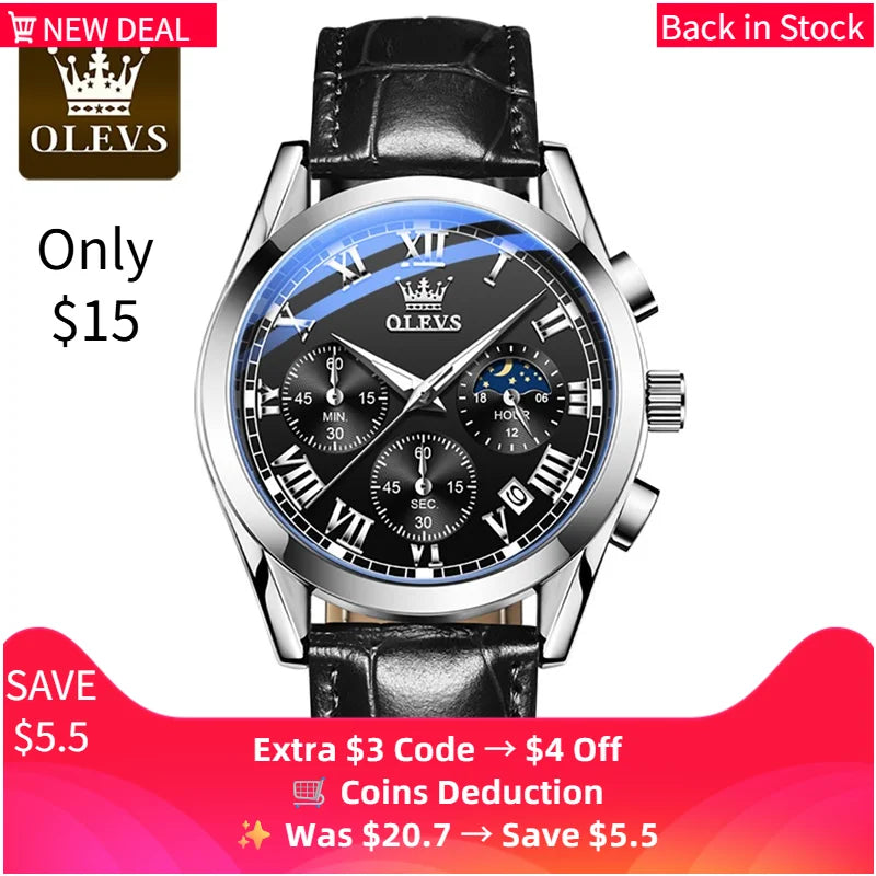OLEVS Quartz Watch for Men Top Brand Luxury Watches Moon Phase Waterproof Mens Watches Fashion Chronograph Wrist Watches for Men
