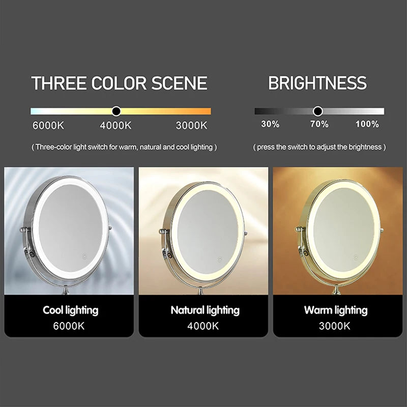 8 Inch Wall Mounted Makeup Mirror Black 3x-10x Magnifying 3 Color LED Light Double Side Bathroom Smart Shaving Cosmetic Mirrors