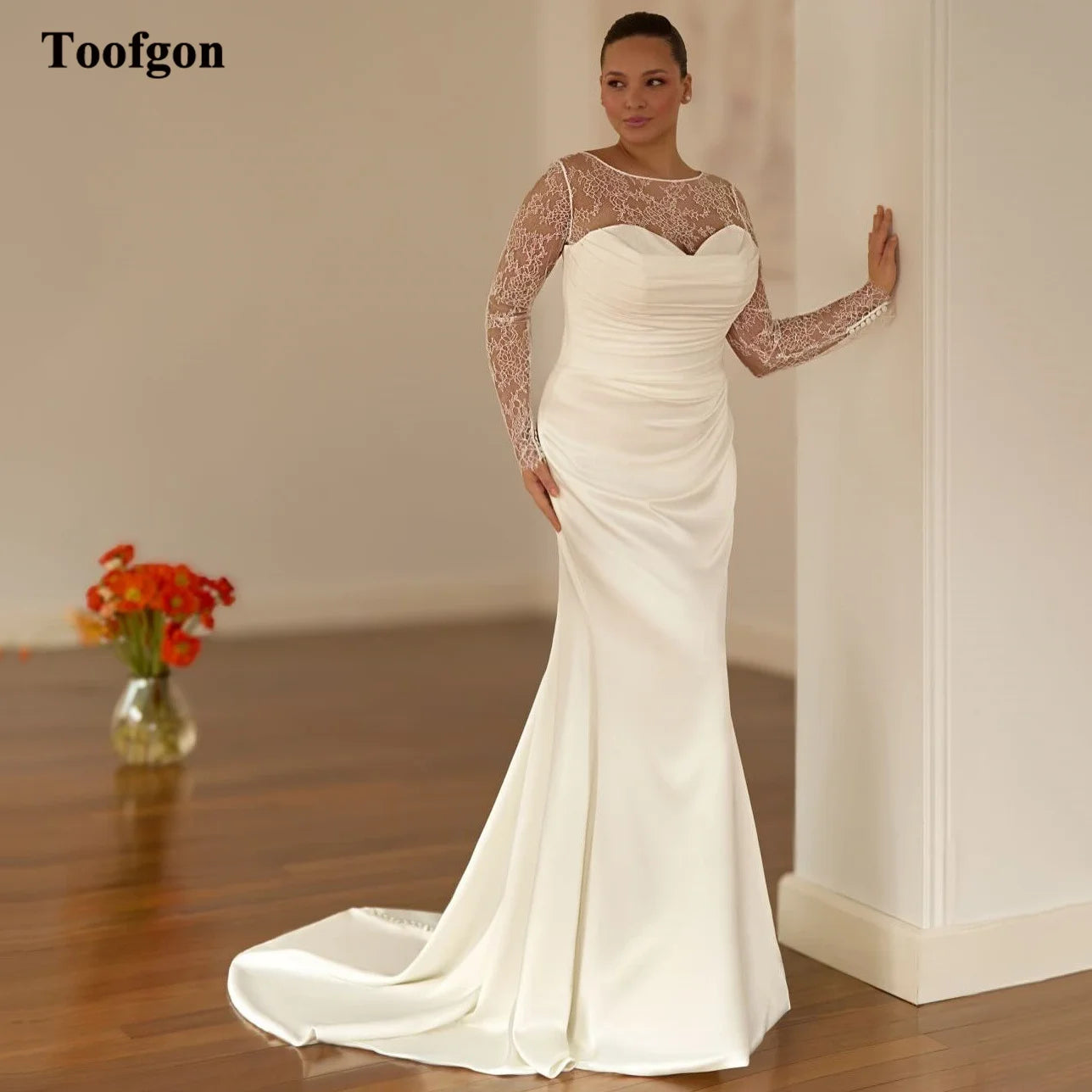 Toofgon Mermaid Satin Customized Wedding Gowns Detachable Lace Long Sleeves Bride Dresses Women Wedding Photo-Shoot Dress 2025 - My Store