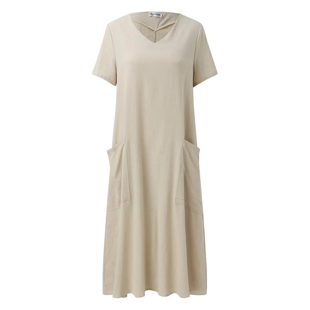 Summer Dresses Qutfits Causal Dress Short Sleeved Cotton Linen v Neck Dress With Pocket Loose Comfy Dresses Vestidos