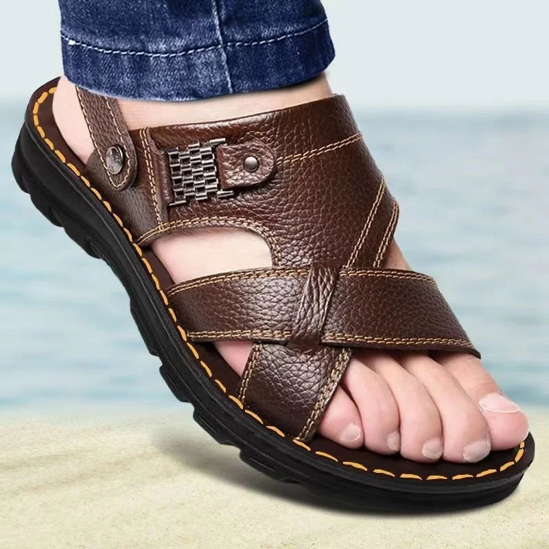Men's Sandals 2023 Summer New Non-Slip Genuine Leather Sandals Soft Slippers Zapatos Flat for Mens Casual Shoes Sandalias Hombre