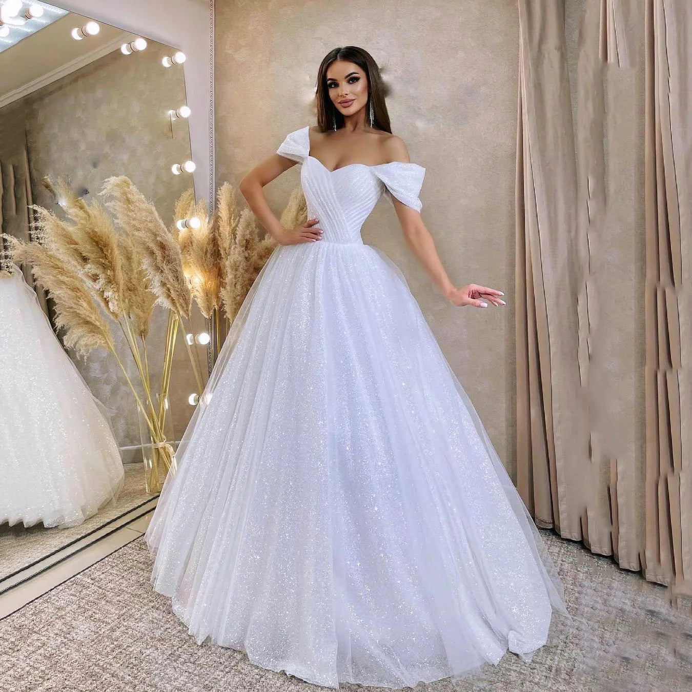 SoDigne Shiny a Line Wedding Dresses Off Shoulder Boho Bride Dress Glitter Wedding Gowns Princess Vestido De Noiva Customized - My Store