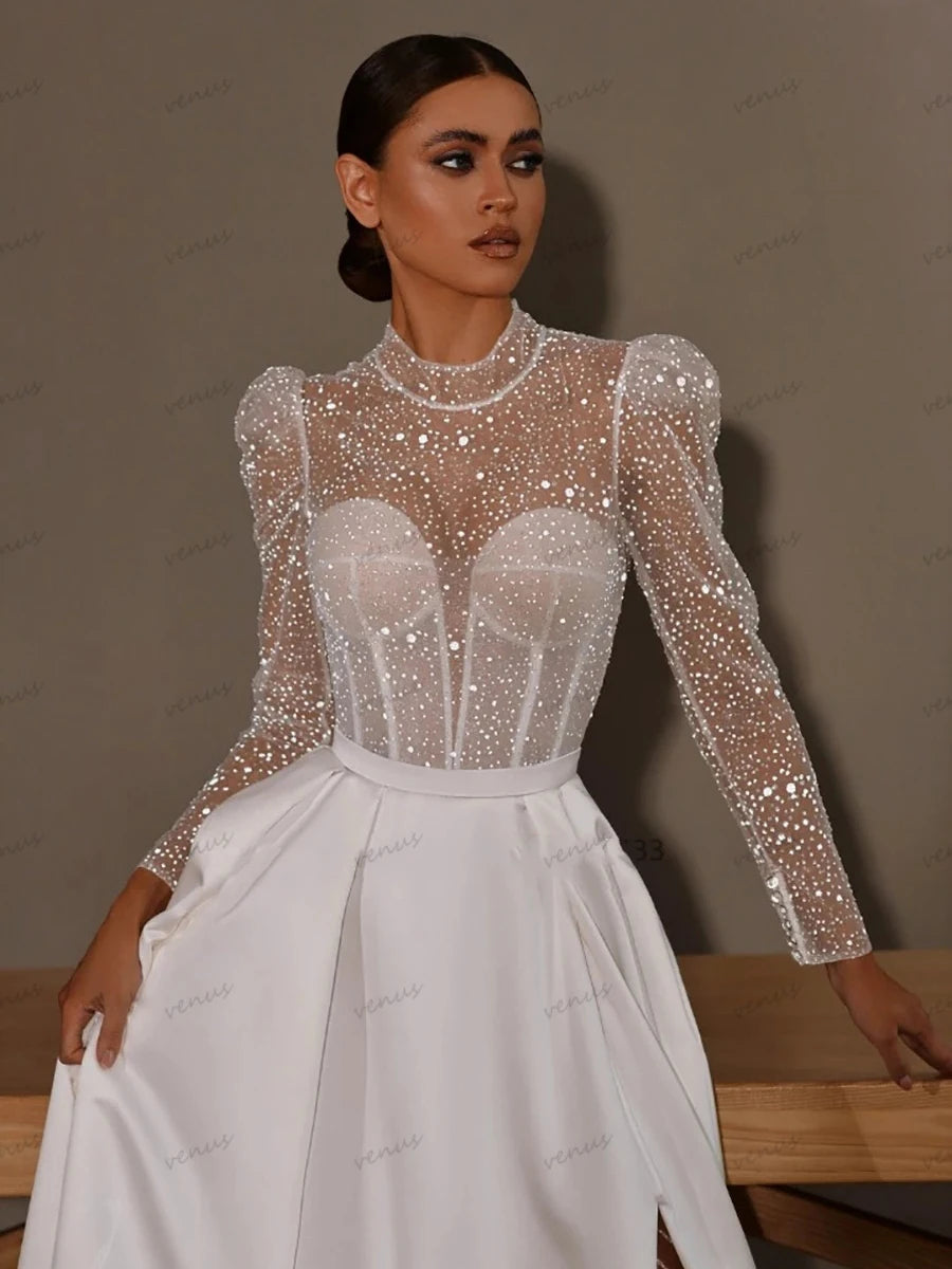 Sexy Wedding Dresses High Split A-Line Satin Bridal Gowns Vintage Robes for Formal Party Dress Vestidos De Novia Customized 2025 - My Store