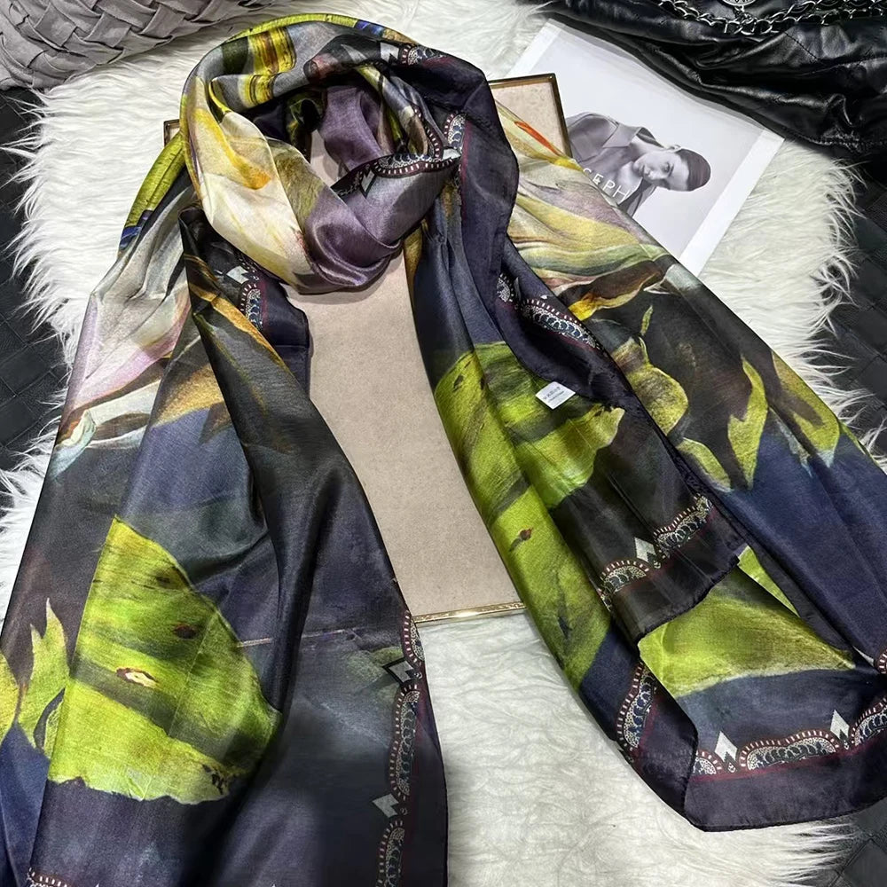 White100% Silk Scarf Women Scarves Bufandas Summer Beach Shawls Foulard Fall Winter Brand Flower Design Long Neck Scarves Hijabs