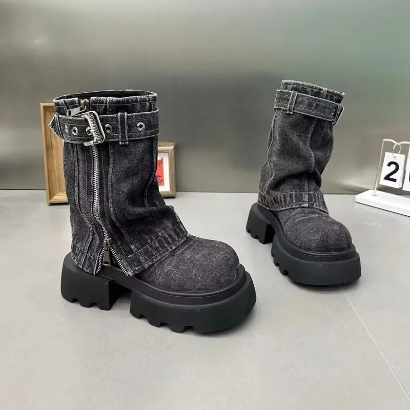Denim Women Boots for Cowboy Mid-Calf Boots Zipper Ladies Platform Boots Mid Heels Designer Shoes 2024 Motorcycle Boot Zapatos