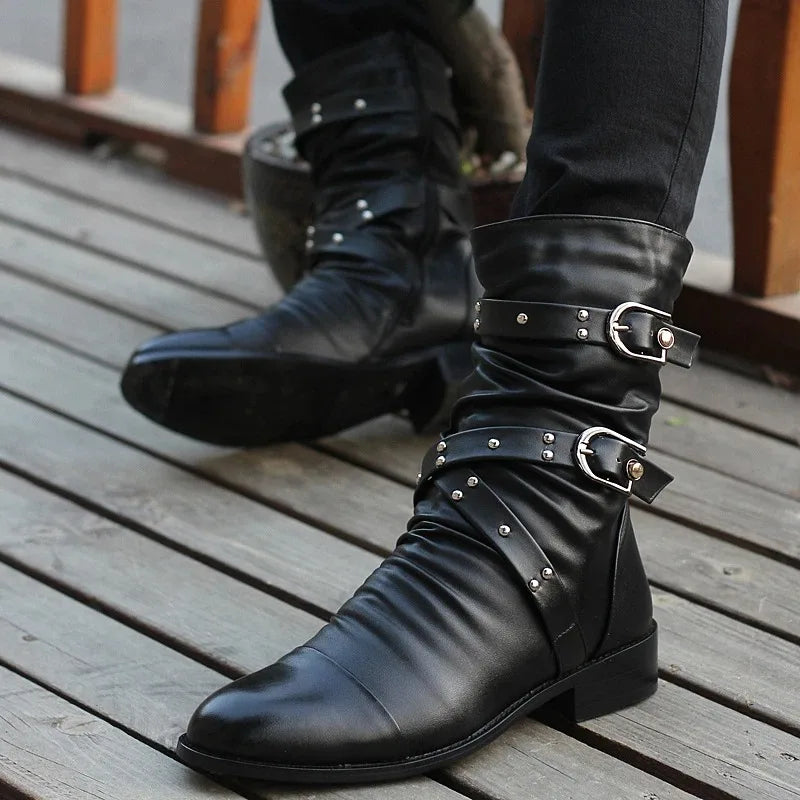 Winter Pointed Toe Men's Mid-Calf Boots Buckle Strap Chelsea Boot for Men Leather Mens Motorcycle Boots High Top Man Winter Shoe