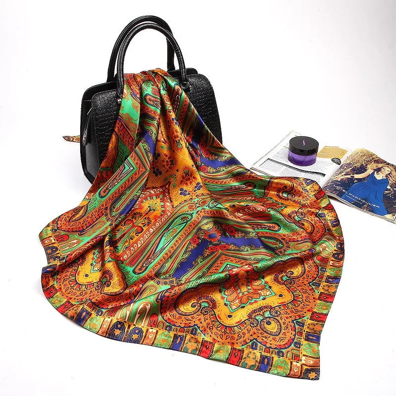 Fashion Kerchief Silk Satin Neck Scarf for Women Print Hijab Scarfs Female 90*90cm Square Shawls and Wraps Scarves for Lady