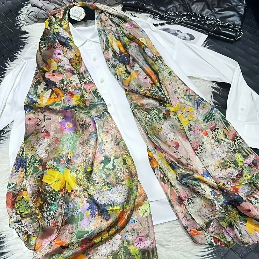 White100% Silk Scarf Women Scarves Bufandas Summer Beach Shawls Foulard Fall Winter Brand Flower Design Long Neck Scarves Hijabs