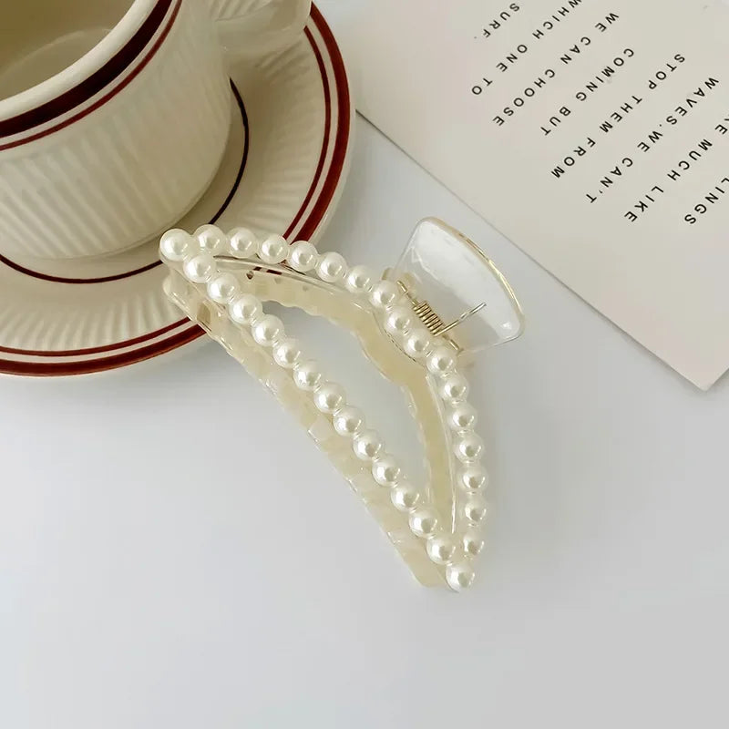 2pcs Elegant Pearls Beads Hairpin for Women Cute Geometric Hair Claw Barrettes Headwear Horsetail Hair Clips Hair Accessories