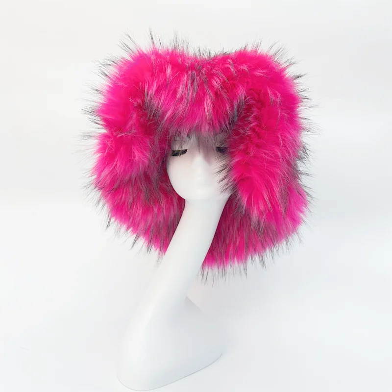 Winter Warm Plush Bucket Hat Women Oversize Earflaps Fluffy Faux Fur Hats Fashion Furry Raccoon Fur Cotton Hat Solid Color Hats