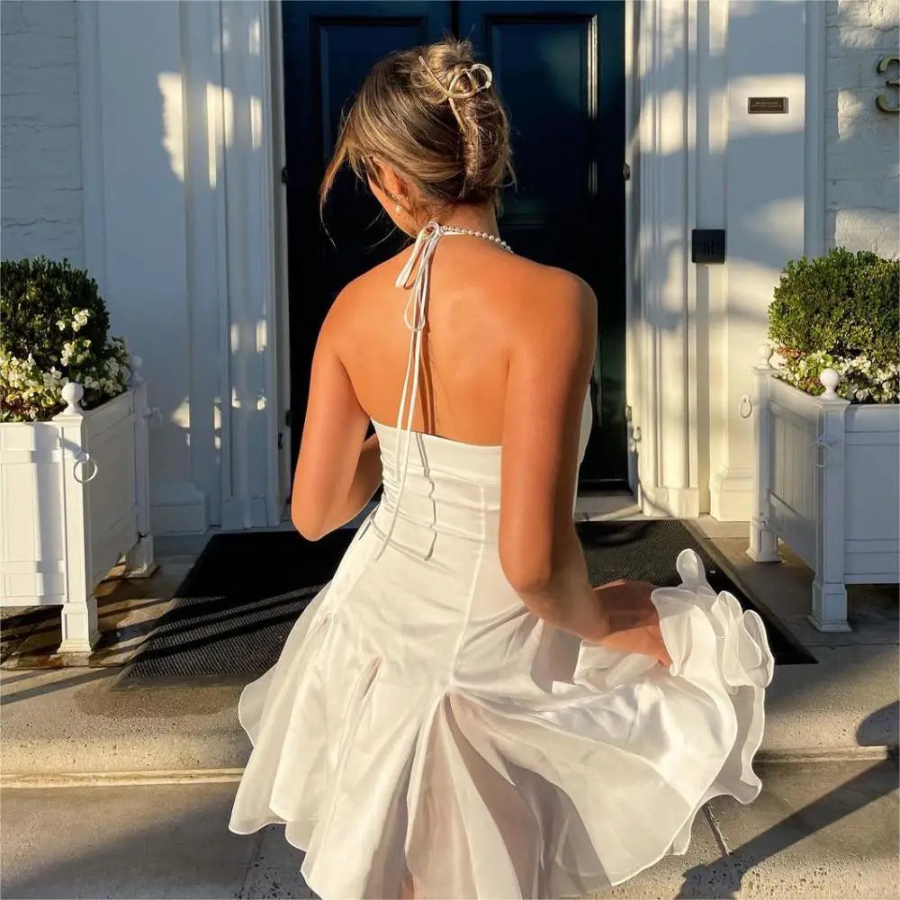 Vacation Outfits Party Dresses for Women  Summer Mini Bodycon Dress White Evening Dresses Short Black Halter Dress Backless
