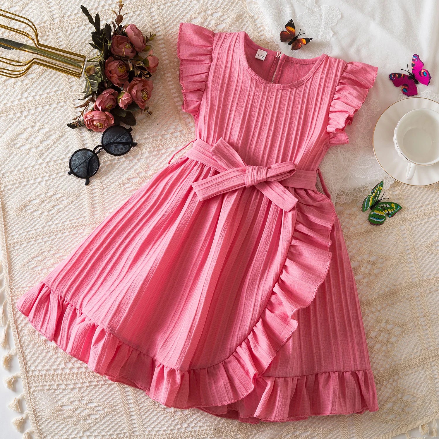 Summer Dress for Kids Girls 3-8 Years Ruffles Sleeves Elegant Princess Dresses Girls Wedding Birthday Party Casual Sweet Dresses - My Store