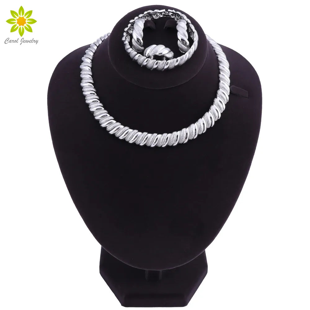 Silver Color Jewelry Sets African Nigeria Beads Dubai Jewellery Set Women Wedding Bridal Turkish Choker Costume Jewelry Set