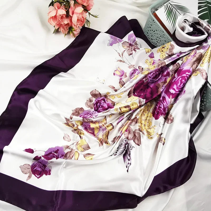 90cm Neckerchief Silk Satin Women Hijab Scaves Fashion Floral Print Headband Neck Scarfs Female Square Shawls Scarfs for Ladies