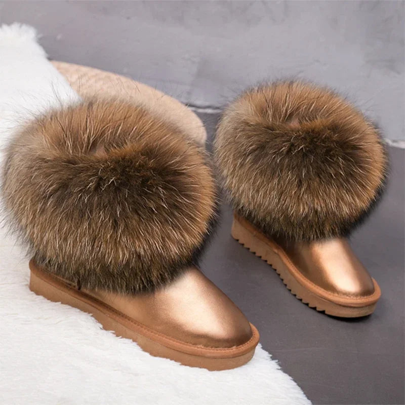 G&Zaco Luxury Winter Snow Boots Women Natural Real Fox Fur Boots Waterproof Genuine Suede Leather Boots Black Flat Short Boot