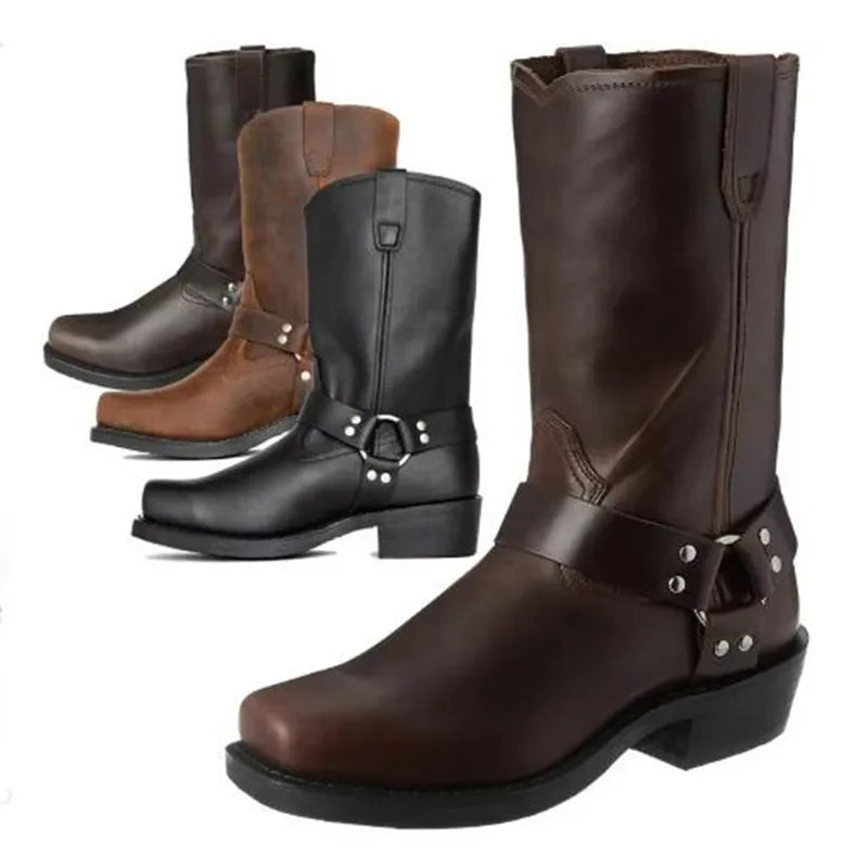 Luxury Retro Cowboy Boots Men Mid Calf Western Boot Men Pu Leather Man Slip on Shoes Winter Knight Boots Booties Plus Size 48