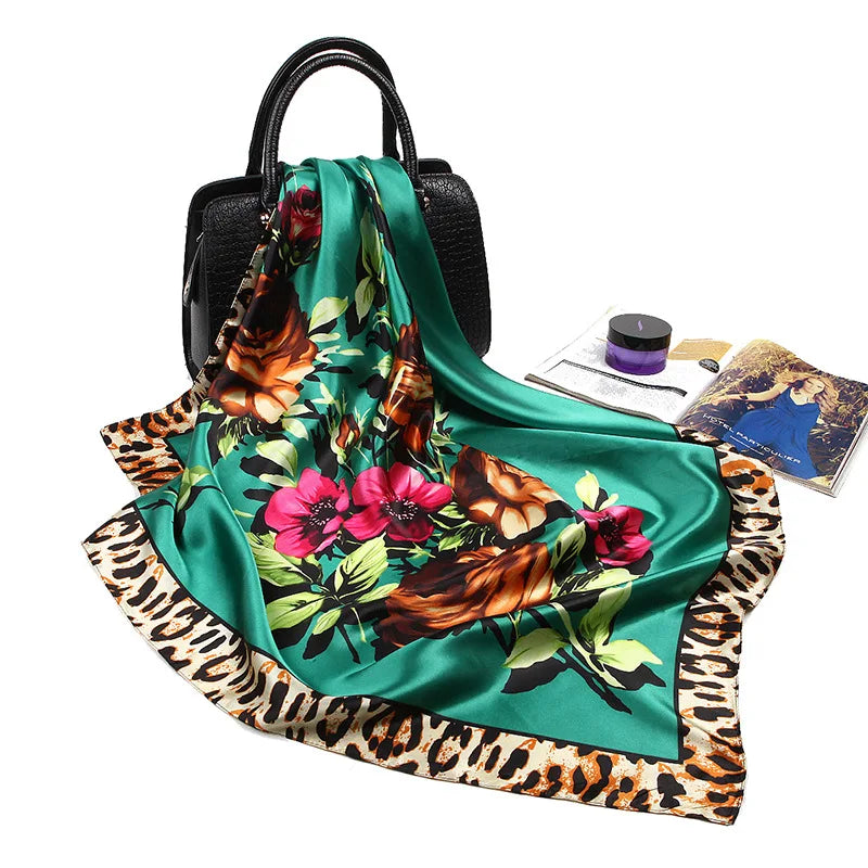 Fashion Kerchief Silk Satin Neck Scarf for Women Print Hijab Scarfs Female 90*90cm Square Shawls and Wraps Scarves for Lady