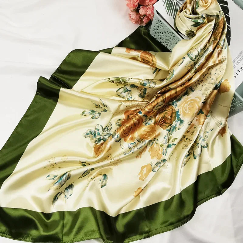 90cm Neckerchief Silk Satin Women Hijab Scaves Fashion Floral Print Headband Neck Scarfs Female Square Shawls Scarfs for Ladies