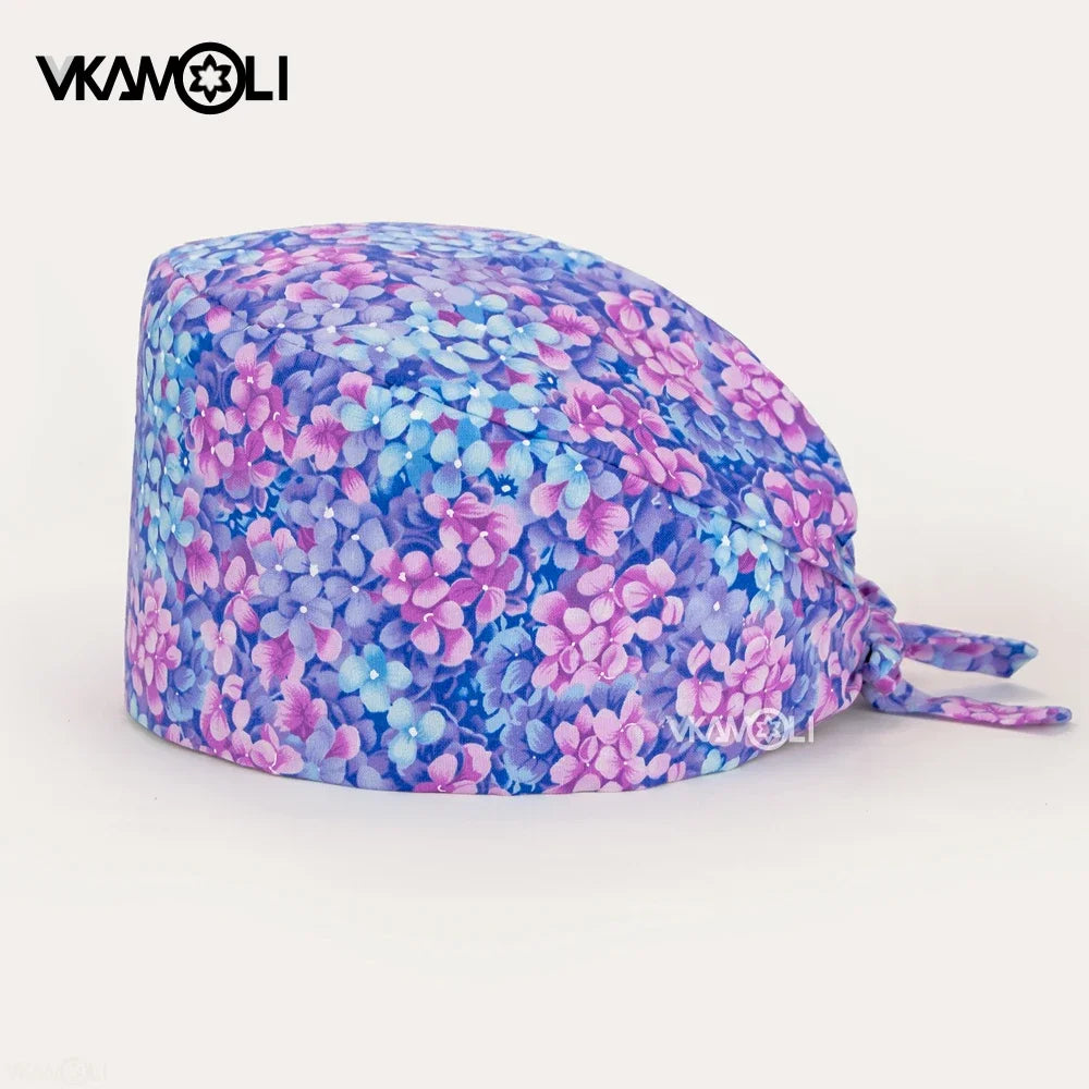 Flower Printing Scrub Caps Dental Print Scrubs Hat 100% Cotton Women Men Dust Proof Vet Dentist  Working Hats Tie Back Cap