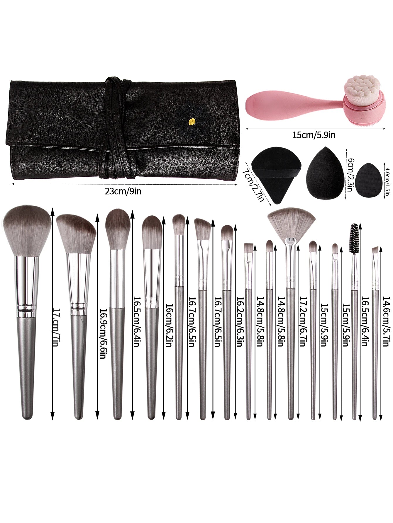 Professional Makeup Tools Set 15PCS Foundation Makeup Brush Face Wash Brush Set 9PCS Makeup Sponge Remover Puffs 1PCS Makeup Bag - My Store