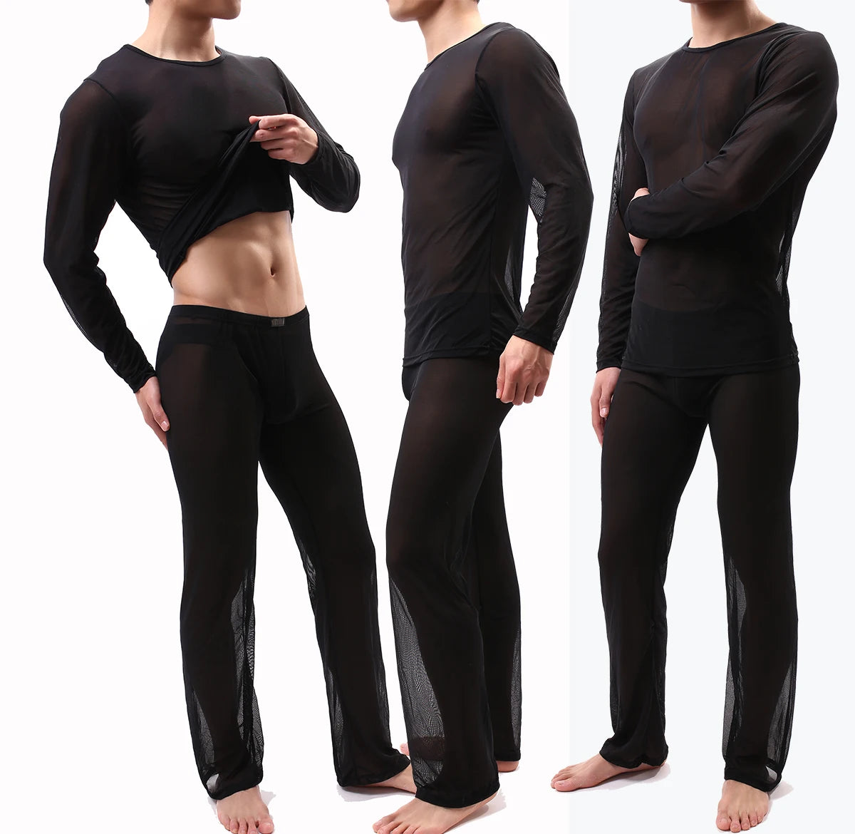 Sexy Men Pajamas Sets See Through Ice Silk T-Shirts No Seaming Tee Thin Man T-Shirt & Pants Pajama Sexy Male Pajamas Sleepwear
