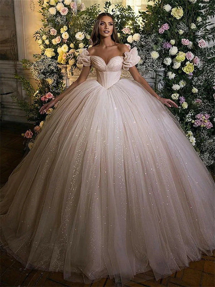 LORIE Shiny Glitter Princess Wedding Dresses Ball Gown Off the Shoulder Bride Dress Sweetheart Neck Dubai Wedding Gowns 2024 - My Store