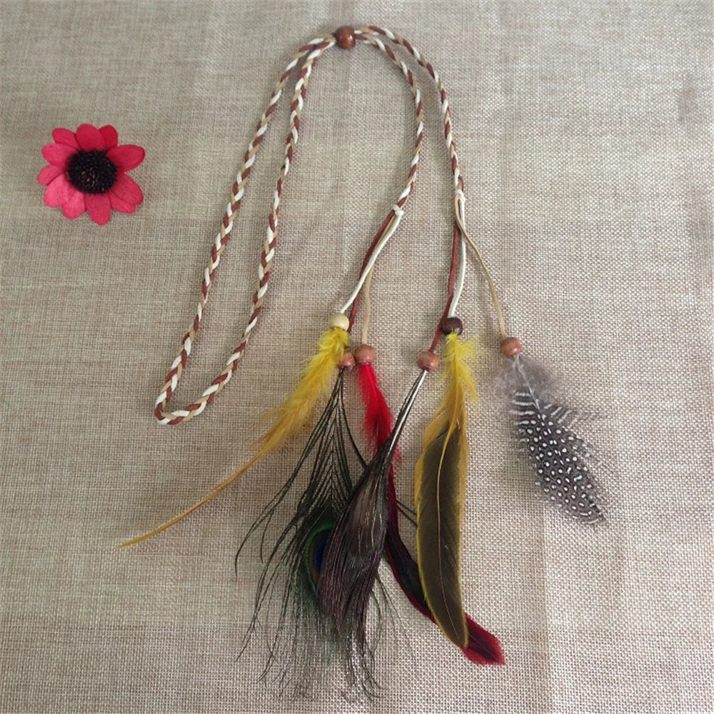 Bohemian Feather Headband Scrunchies Tribal  Hair Bands Women Girl Hippie Weaving Hair Accessories Hair Clip Hair Rope Headwear