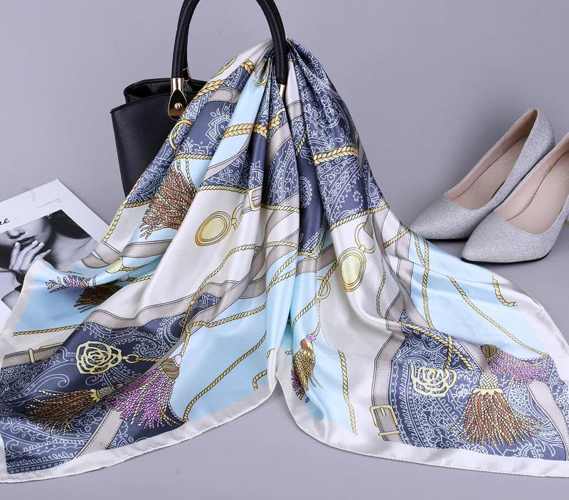 Fashion Kerchief Silk Satin Neck Scarf for Women Print Hijab Scarfs Female 90*90cm Square Shawls and Wraps Scarves for Lady