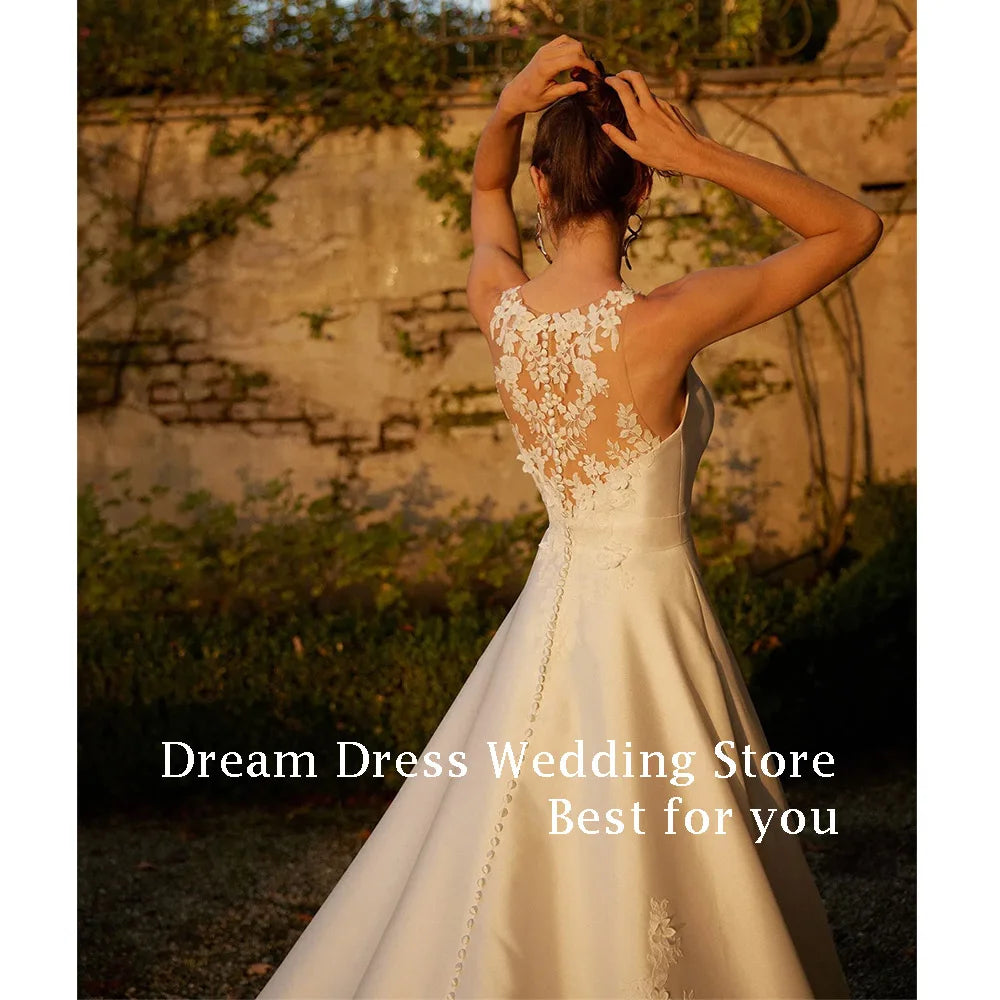 DREAM Customized Elegant A-Line Wedding Dresses Satin Floor-Length Sweep Train Long Brides Dress Women Vestidos De Novias 2025 - My Store