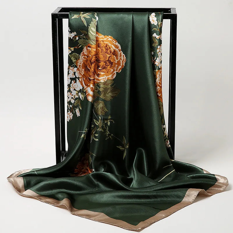 90cm Fashion Silk Satin Scarf for Women Headband Floral Print Kerchief Hijab Scarves Fermale Square Shawls and Wraps Neck Scarfs