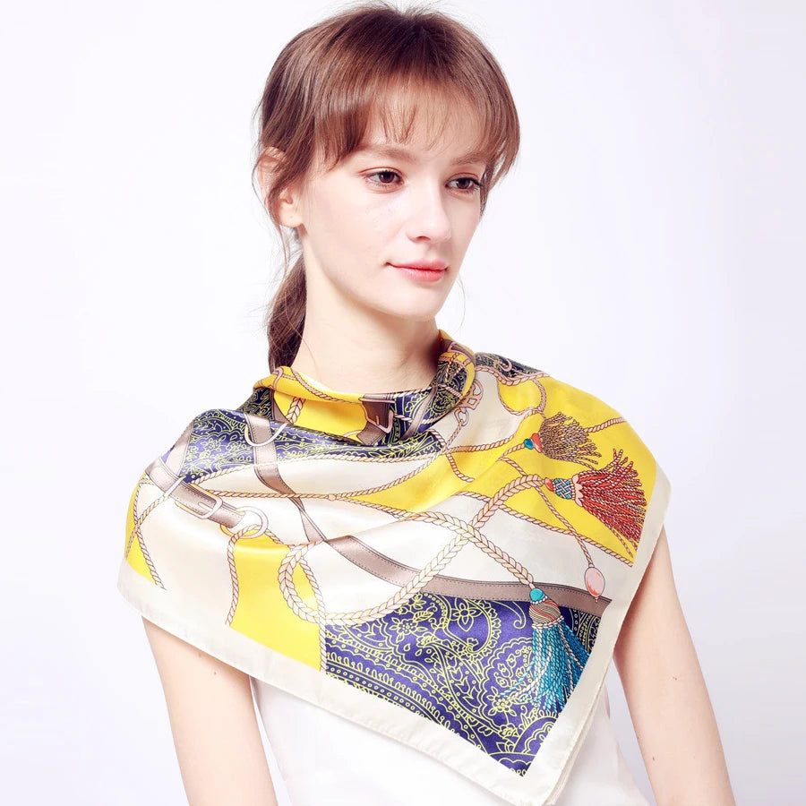 Fashion Kerchief Silk Satin Neck Scarf for Women Print Hijab Scarfs Female 90*90cm Square Shawls and Wraps Scarves for Lady