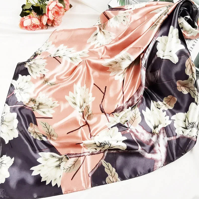 90cm Neckerchief Silk Satin Women Hijab Scaves Fashion Floral Print Headband Neck Scarfs Female Square Shawls Scarfs for Ladies