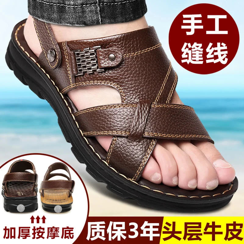 Men's Sandals 2023 Summer New Non-Slip Genuine Leather Sandals Soft Slippers Zapatos Flat for Mens Casual Shoes Sandalias Hombre